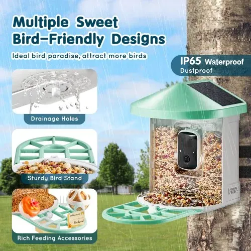 VEVOR Intelligenter Vogelfutterspender mit Kamera, 2K HD KI identifiziert über 10.000 Vogelarten, solarbetriebene Vogelbeobachtungskamera mit automatischer Aufnahme und sofortiger Benachrichtigung, kabelloses Outdoor-Geschenk für Vogelliebhaber (2 Solarmodule) – Bild 5