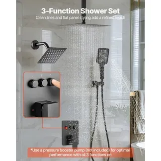 VEVOR Duschsystem-Set mit 12 Zoll Regenduschsystem / 6 Zoll Wandmontagekopf / 4 in 1 Handbrause, drehbarer Doppelregenkopf (3 Funktionen), Messingventil und Verkleidungssatz, Mattschwarz VEVOR Duschsystem-Set mit 12 Zoll Regenduschsystem / 6 Zoll Wandmontagekopf / 4 in 1 Handbrause, drehbarer Doppelregenkopf (3 Funktionen), Messingventil und Verkleidungssatz, Mattschwarz