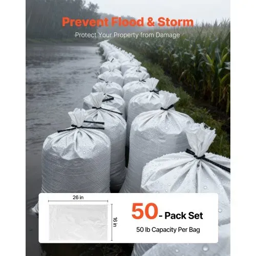 VEVOR Sandsäcke für Hochwasser, 50er-Pack, 400x660 mm, Gewebesäcke mit Bändern, 22,6 kg Tragkraft, Polypropylen-Hochwasssersandsäcke, reißfest & UV-beständig, für Hochwasserschutzbarrieren – Bild 2