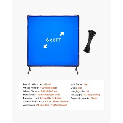VEVOR Schweißvorhang, 1740x1740 mm Schweißschutzwand, flammhemmende Vinyl-Schweißschutzwand mit feststellbaren Schwenkrädern und 6-stufigem UV-Schutz für Werkstatt-/Industrieeinsatz, Blau – Bild 6