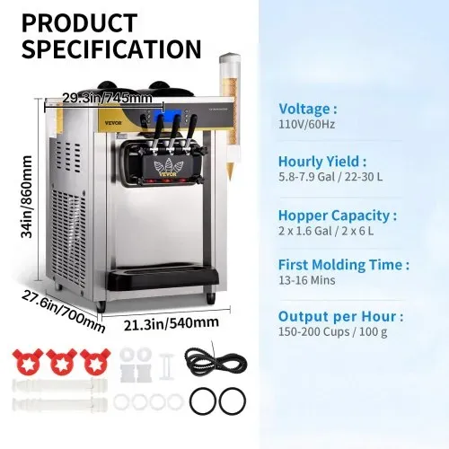 VEVOR Kommerzielle Softeismaschine 22-30 L/h Profi-Eismaschine mit LCD-Display, 3 Geschmacksrichtungen, Desktop-Design für Gastronomie & Gewerbe – Bild 6