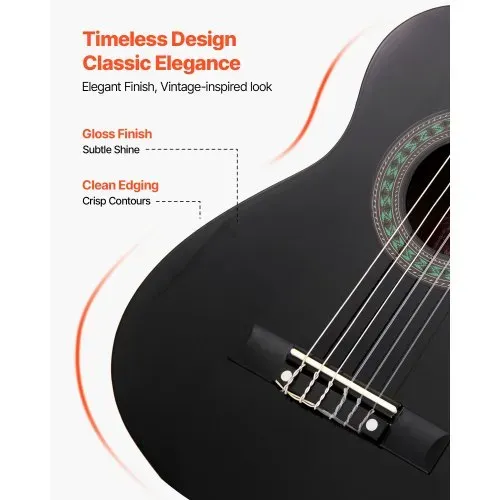 VEVOR Konzertgitarre, 780 mm, Holz-Klassikgitarren-Starter-Set für Anfänger, mit Nylonsaiten, Gigbag, Gurt, Stimmgerät, zusätzlichen Saiten, Plektren, Kapodaster, Linde, für Einsteiger, Schwarz – Bild 4