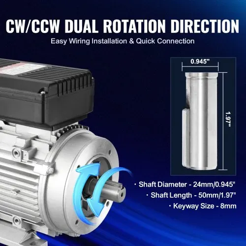 VEVOR 1,1 kW Elektromotor 2800 U/min, AC 220–240 V 7,1 A, 90 S, B34-Rahmen, Luftkompressormotor einphasig, 24 mm Keilwelle, Rechts-/Linkslauf für landwirtschaftliche Maschinen und allgemeine Geräte – Bild 3