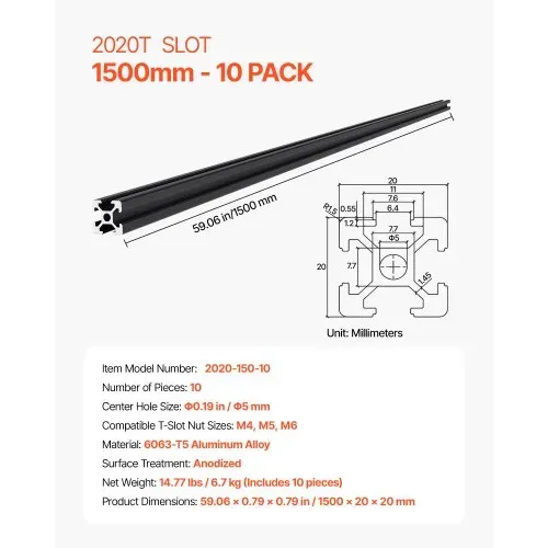 VEVOR 10er Set Aluprofil 1500 mm T-Nut 2020 Aluminium-Strangpressprofil, eloxierte Linearschiene nach europäischem Standard, Nutenprofil für 3D-Drucker, CNC-Maschine DIY, Lasergravur, Schwarz – Bild 6