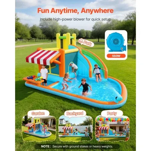 VEVOR Aufblasbare Wasserhüpfburg Outdoor (455 x 390 x 238 cm), Hüpfburg mit Wasserrutsche & Hüpfburgelementen & Hoher Rutsche & Planschbecken & Spielmarktstand, für 3–4 Kinder (3 bis 8 Jahre Alt) – Bild 3