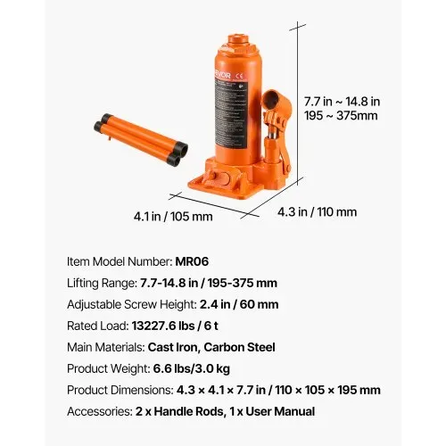 VEVOR hydraulischer Flaschenheber mit 6 t Kapazität, 195–375 mm Hubbereich, Flaschenwagenheber mit Schweißsystem für Auto Pickup SUV Autoreparatur, Stempelwagenheber Orange Wagenheber Hochleistung – Bild 6