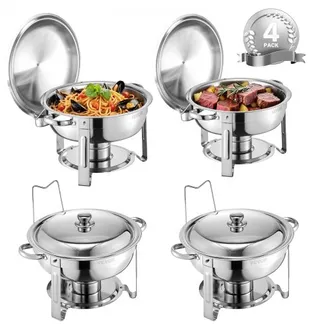 VEVOR Chafing Dish Buffet Speisenwärmer mit 4 Behältern in voller Größe (4,7 L pro), runder Catering-Wärmespender mit Deckel & Wasserpfanne & klappbarer Ständer, für Hochzeiten Partys Silber VEVOR Chafing Dish Buffet Speisenwärmer mit 4 Behältern in voller Größe (4,7 L pro), runder Catering-Wärmespender mit Deckel & Wasserpfanne & klappbarer Ständer, für Hochzeiten Partys Silber
