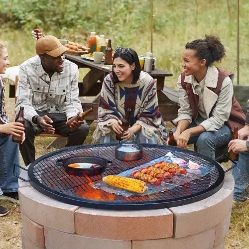 VEVOR X-Marks Feuerstellen-Grillrost, Φ 910 x 25 mm Lagerfeuer-BBQ-Grillrost aus Stahl mit Griff und Stütz-X-Draht, Tragbares Camping-Kochgeschirr für Partys und Zusammenkünfte im Freien, Schwarz – Bild 7
