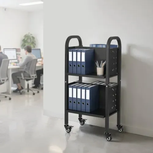 VEVOR Bücherwagen, 70 kg Tragkraft, Bibliothekswagen, 45 x 33 x 88 cm, Doppelseitiges L-förmiges Bücherregal mit Doppelbremsrollen, Bücherregalwagen für Wohnzimmer, Büro, Schule, Schwarz – Bild 7