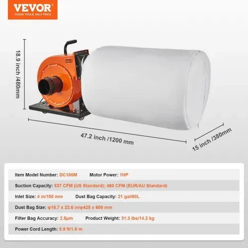 VEVOR Staubsammler 1 PS, 460 CFM Luftstrom rollender Staubsammler mit 21 Gallonen Staubsammelbeutel 2,5 Mikron Beutelfiltration mobiler Holzstaubbehälter mit Griff und Rädern für Industriewerkstätten – Bild 6