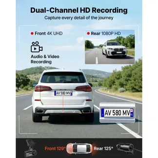 VEVOR 4K Dashcam Auto Vorne und Hinten, 1080p Dual-Autokamera mit Integriertem GPS G-Sensor und Speicherkarte (32 GB) 3,18 Zoll Bildschirm 129° + 125° Weitwinkel Loop-Aufnahme Parkmodus, Schwarz VEVOR 4K Dashcam Auto Vorne und Hinten, 1080p Dual-Autokamera mit Integriertem GPS G-Sensor und Speicherkarte (32 GB) 3,18 Zoll Bildschirm 129° + 125° Weitwinkel Loop-Aufnahme Parkmodus, Schwarz