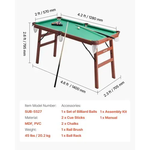 VEVOR klappbarer Billardtisch 140 cm tragbare Billardtische, faltbares, platzsparendes Unterhaltungsspielset, inklusive Ball/Queue/Rack/Kreide/Bürste, Braun mit grünem Tuch, für Freizeiträume – Bild 6