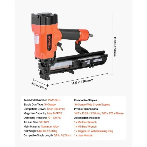 VEVOR Druckluftnagler, 26,4 mm breite Krone, Drucklufttacker, 16-38 mm Länge, 70–120 PSI Druckluft Nagelpistole mit zwei Schussmodi für Dachterrassen, Wandverkleidungen, Zäune, Unterböden – Bild 6