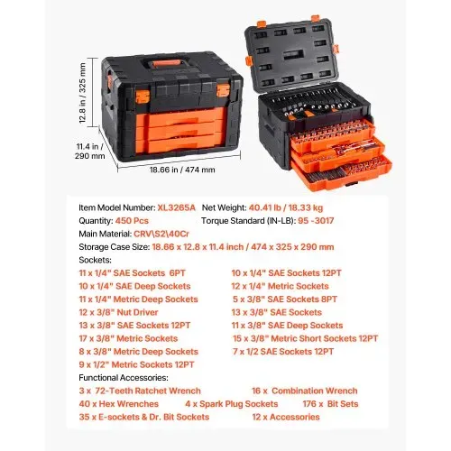 VEVOR Mechaniker-Werkzeugsatz Steckschlüsselsatz (450-tlg.) 6,4/9,5/12,7-mm-Antrieb, tiefe und Standard-Stecknüsse, SAE-metrisches Mechaniker-Werkzeugset mit Schraubenschlüsseln & Koffer – Bild 6
