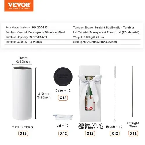 VEVOR 12er-Pack Gerade Sublimationsbecher, 591,5 ml Blanko-Becher, Edelstahl-Doppelwandbecher mit Strohhalm, Deckel, Bürste, Boden, Schrumpffolie, Geschenkbox, für Wärmepresse und Wärmeübertragung – Bild 6