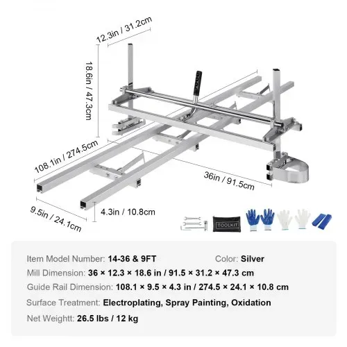 VEVOR Tragbares Sägewerk 355-914mm Kettensägenmühle Max. Schnittdicke 5,08-300 mm Kettensägewerk mit 2745x241x108,4mm Führungsschiene Geeignet für eine Vielzahl von Holzschneideanforderungen – Bild 6