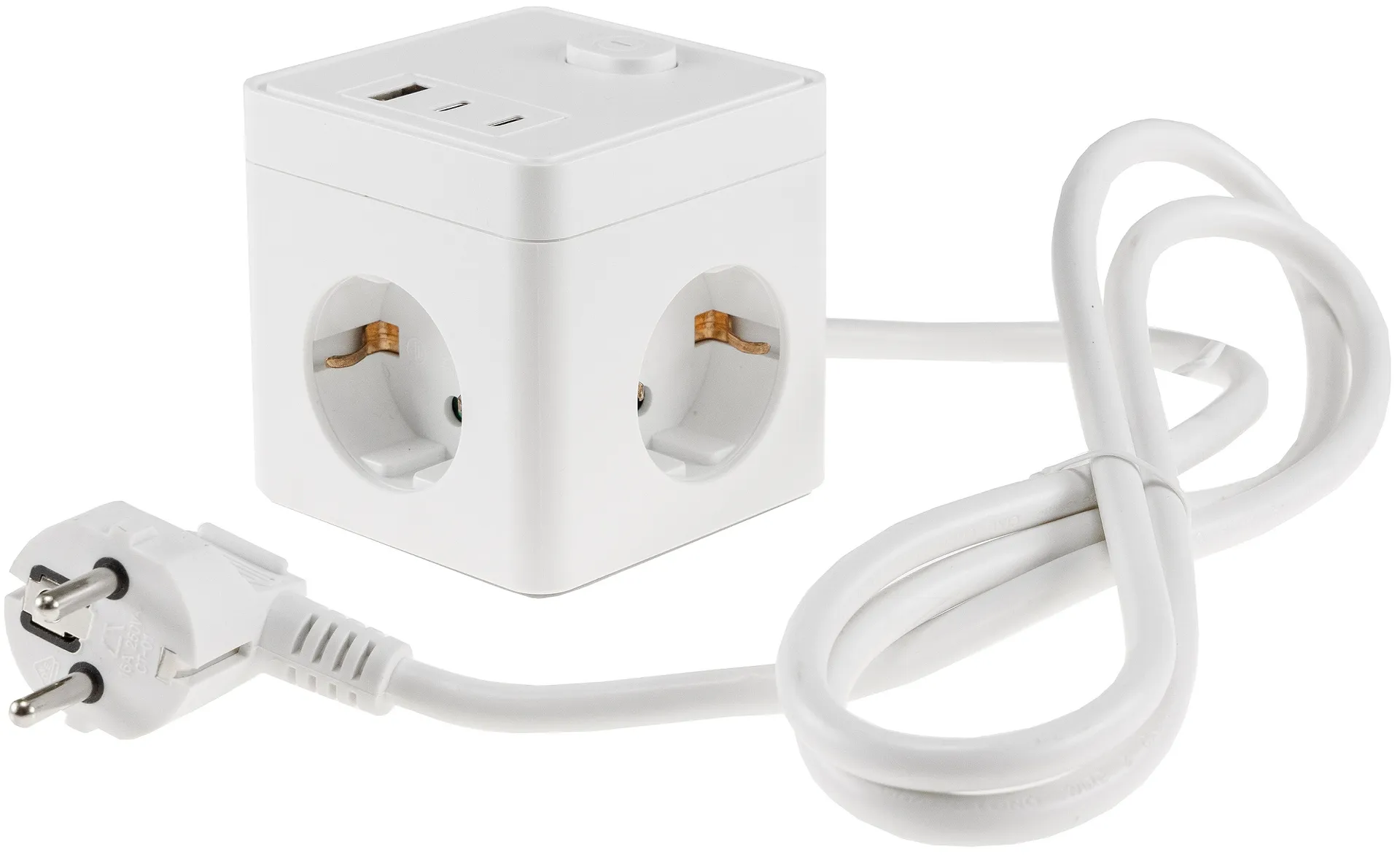 Steckdosen-Würfel mit USB-Ladebuchsen USB-A /USB-C,3-fach, 1,5m Kabel, weiß Steckdosen-Würfel mit USB-Ladebuchsen USB-A /USB-C,3-fach, 1,5m Kabel, weiß