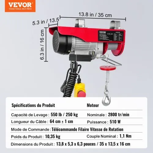 VEVOR 230V Elektrische Seilwinde 125kg bis 250kg Hubhöhe 12m Seilzug Motorwinde 510W Motor Flaschenzug 10m/min Hubgeschwindigkeit Hebezug mit kabelgebundener Fernbedienung Seilhebezug Kettenzug – Bild 6
