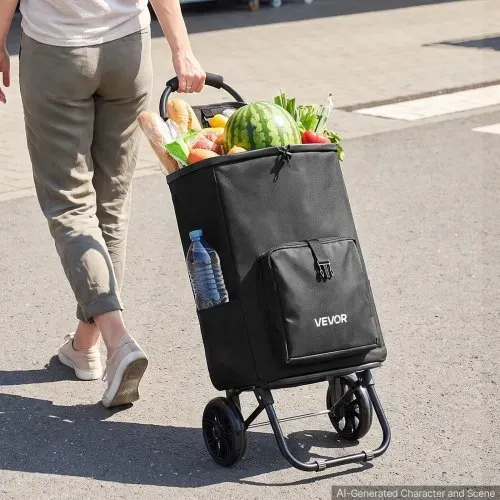 VEVOR Einkaufstrolley Faltbarer Einkaufswagen mit 35kg Tragkraft Schwarz, 27L Kapazität, Mit Kühlfach Schaumstoffgriff + Rollen, Tasche Abnehmbar, 2-in-1 Einkaufsroller für Einkauf Camping Haushalt – Bild 7
