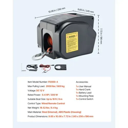 VEVOR Elektrische Seilwinde, 12 V DC 300 W, umkehrbare Bootwinde für Boote bis 900 kg, Power-In-, Power-Out- & Freilaufbetrieb für Boote mit kabelgebundener Fernbedienung & Handkurbel – Bild 6