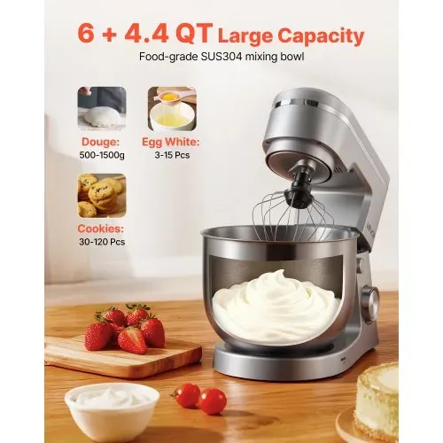 VEVOR Knetmaschine Küchenmaschine zum Backen, 1500 W Teigmaschine mit Edelstahlschüssel (5,7 L) & Knethaken & Rührbesen & Schneebesen, 10-Gang einstellbare kippbare Rührmaschine Standmixer – Bild 4