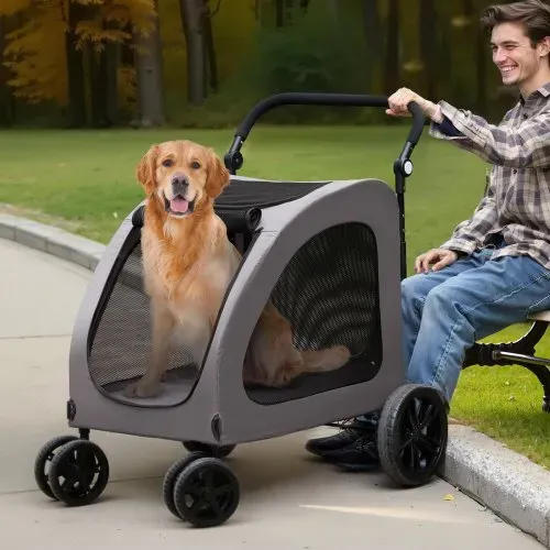 VEVOR Hundebuggy 79x91x113 cm, Hundewagen 4 Räder mit Bremsen, Hundetrolley, Hundetrolley bis 73 kg Tragkraft, atmungsaktive Netzfenster, einstellbare Höhe, 600D Oxford-Gewebe, für Hunde, Haustiere – Bild 7
