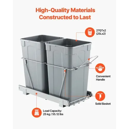 VEVOR ausziehbarer Mülleimer 27 Qt + 27 Qt für Küchenschränke, doppelter Mülleimer unter der Spüle, untermontierter Abfallbehälter, mit robustem Vollauszug-Schiebesystem aus Metall & Griff – Bild 2