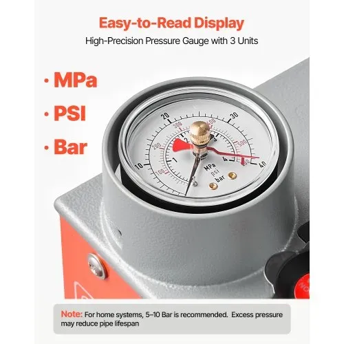 VEVOR Hydraulische Abdrückpumpe Druckprüfpumpe 6,06 L 0-30 bar Doppelventil, Handdruckpumpe mit Manometer und Tank, für Rohrleitungen, Wasserleitungen, Heizungen, Druck- und Leckprüfung – Bild 5