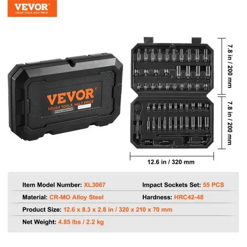 VEVOR Schlagsteckschlüsselsatz 6,35 mm, 55-teiliger tiefer und flacher Steckschlüsselsatz SAE 5/32-9/16 Zoll und metrisch 4-15 mm, für Autoreparaturen, leicht lesbare Größenmarkierungen – Bild 6