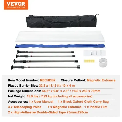 VEVOR Staubschutztür Staubschutzwand 230 x 120 cm, Bautür Staubschutztür Magnetverschluss Zuverlässigste Staubschutz, Baustellentür für Renovierungen & Umbauten, Verstellbarer Ständer 1,1-3,6 m – Bild 6