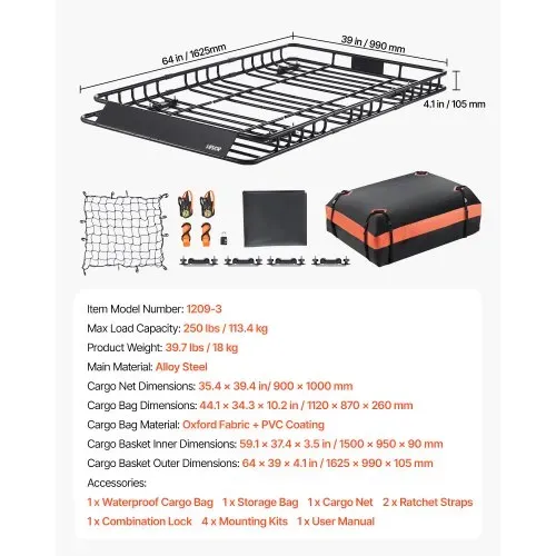 VEVOR Dachkorb Auto 1625 x 990 x 105 mm Dachträgerkorb 113,4 kg Tragkraft, Autodachkorb mit Wasserdichter Gepäcktasche Netz Ratschengurten, Gepäckkorb Geeignet für SUV Lkw Pkw, Schwarz – Bild 6