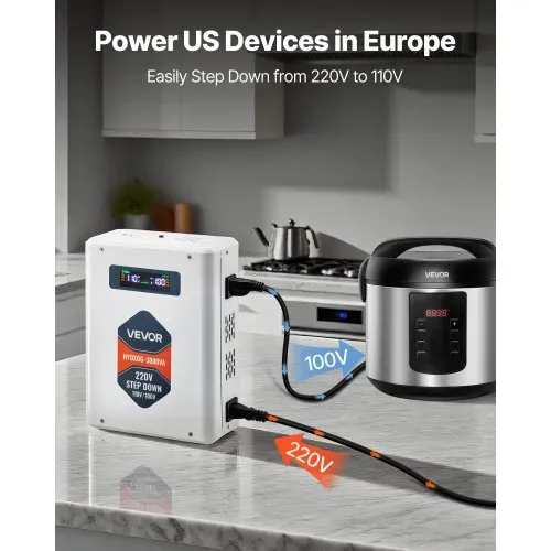 VEVOR Abwärtsspannungswandler Abwärts, 3000 VA, Hochleistungs-Konverter, 220 V auf 110 V Leistungstransformator, mit 2 US-Steckdosen, USB-Ausgang, LCD-Display, Temperaturschutz, für 110-V-Geräte – Bild 2
