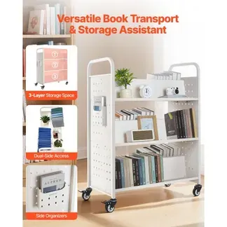 VEVOR Bücherwagen, 150kg Tragkraft, Bibliothekswagen, 97×51,5×122,5cm, Doppelseitiges W-förmiges Bücherregal mit Doppelbremsrollen, Bücherregalwagen für Wohnzimmer, Büro, Schule, Weiß VEVOR Bücherwagen, 150kg Tragkraft, Bibliothekswagen, 97×51,5×122,5cm, Doppelseitiges W-förmiges Bücherregal mit Doppelbremsrollen, Bücherregalwagen für Wohnzimmer, Büro, Schule, Weiß