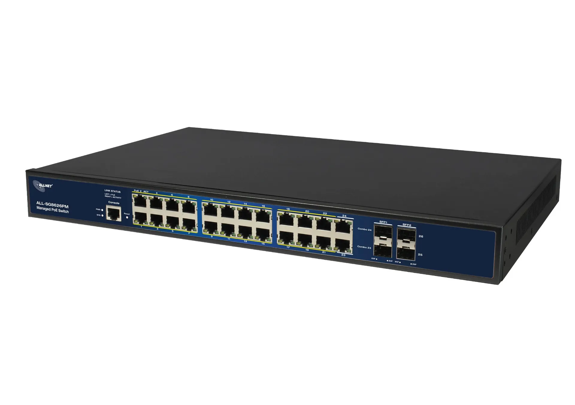 ALLNET Switch full managed Layer2+ 26 Port • 24x GbE • PoE Budget 370W • 22x PoE at • 2x Combo • 2x SFP • 19″ • Lüfterlos • JSON API • ALL-SG8626PMJ ALLNET Switch full managed Layer2+ 26 Port • 24x GbE • PoE Budget 370W • 22x PoE at • 2x Combo • 2x SFP • 19″ • Lüfterlos • JSON API • ALL-SG8626PMJ