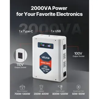 VEVOR Spannungswandler Abwärts, 2000 VA, Hochleistungs-Konverter, 220 V auf 110 V Leistungstransformator, mit 2 US-Steckdosen, USB-Ausgang, LCD-Display, Temperaturschutz, für 110-V-Geräte VEVOR Spannungswandler Abwärts, 2000 VA, Hochleistungs-Konverter, 220 V auf 110 V Leistungstransformator, mit 2 US-Steckdosen, USB-Ausgang, LCD-Display, Temperaturschutz, für 110-V-Geräte