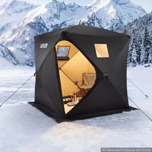 VEVOR Eisangelzelt Eisfischerzelt für 3-4 Personen 1,8x1,8x2 m Angelzelt, Eisschutzzelt für Winterangeln, 3,13 m² Fläche, 300D Oxford-Gewebe, Hub-Style-Zelt mit Ankern, Seile, Tragetasche, Schwarz – Bild 7