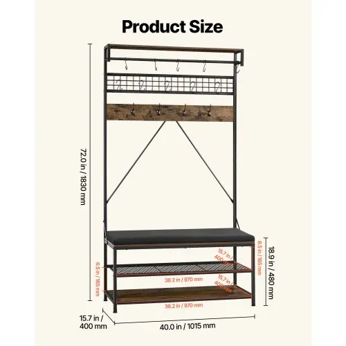 VEVOR Flurgarderobe 1015 x 400 x 1830 mm, Garderobenständer mit Schuhbank & Schuhablage (2 Ebenen), Freistehend Garderobe mit Metallgitter & Kleiderstange, Ideal für Eingangsbereich, Schlafzimmer – Bild 4