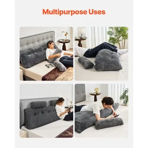 VEVOR Kopfteilkissen Keilkopfteilkissen Keilkissen (King Size) mit 2 Seitentaschen & 2 Kopfstützen, Bettkeilkissen mit waschbarem Flanelltuch, zum Lesen Spielen Arbeiten Grau (1920 x 205 x 530 mm) – Bild 5