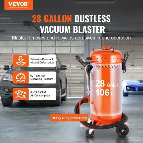 VEVOR 28 Gallonen Vakuum-Sandstrahler, staubfreier Sandstrahler mit eingebautem 1200 W Vakuumsystem zur Staubkontrolle und Strahlmittelrückführung, 60-110 PSI Hochleistungs-Strahlgerät VEVOR 28 Gallonen Vakuum-Sandstrahler, staubfreier Sandstrahler mit eingebautem 1200 W Vakuumsystem zur Staubkontrolle und Strahlmittelrückführung, 60-110 PSI Hochleistungs-Strahlgerät