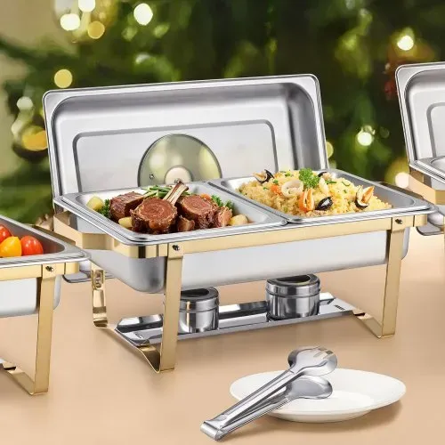 VEVOR Chafing Dish Set Speisenwärmer Edelstahl mit 4 Behältern in halber Größe (4 L pro), rechteckiger Wärmespender mit sichtbarem Deckel & Wasserpfannenständer & Brennstoffhalter, für Partys – Bild 7