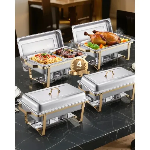 VEVOR Chafing Dish Set Speisenwärmer Edelstahl mit 2 Pfannen in voller Größe (7,5 L) & 4 halbgroßen Pfannen (4 L), rechteckiger Catering-Wärmespender mit Deckel & Wasserpfannenständer, Gold VEVOR Chafing Dish Set Speisenwärmer Edelstahl mit 2 Pfannen in voller Größe (7,5 L) & 4 halbgroßen Pfannen (4 L), rechteckiger Catering-Wärmespender mit Deckel & Wasserpfannenständer, Gold