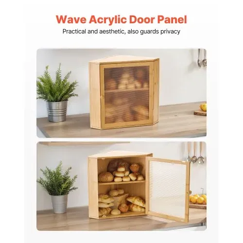 VEVOR Eck-Brotkasten doppellagiger Brotbehälter Brotbox Organizer aus Holz für selbstgebackenes Brot, Aufbewahrungsbehälter mit gewellter Acryl-Türplatte, Brotaufbewahrung Lagerung Natur – Bild 4