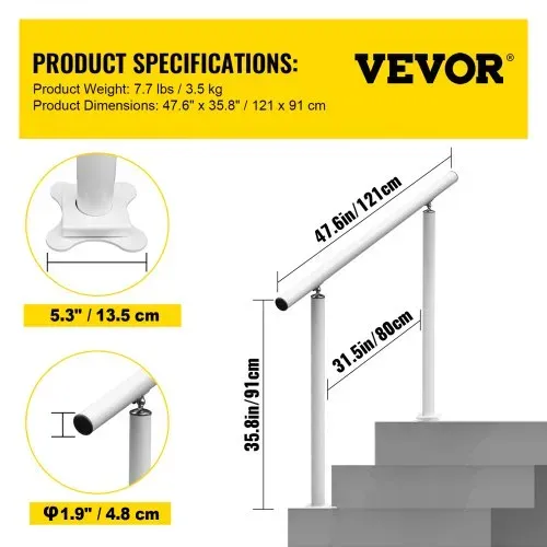VEVOR Treppengeländer-Set, 1-4 Stufen, weißer Aluminium-Handlauf, 4 Fuß, flexibler Außendeck-Handlauf, Zangen – Bild 6