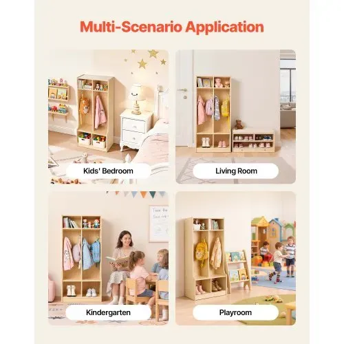 VEVOR Offener Kinderkleiderschrank aus Sperrholz, Kindergarderobe mit 4 Haken & 6 Fächern (2 Groß + 4 Klein), Garderobenregal & Aufbewahrungsregal für Kinderzimmer Zuhause Kindergarten Kita – Bild 5