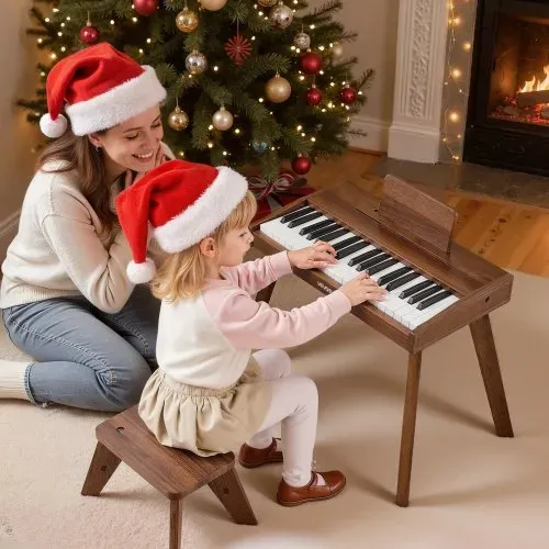 VEVOR Kinder Keyboard, 37 Tasten, Digitalpiano aus Holz für Kinder ab 3 Jahren, Mini-Musikinstrument-Spielzeugset mit Hocker, Realistischem Klang, Dual-Power, Einstellbarer Lautstärke, Walnuss – Bild 7