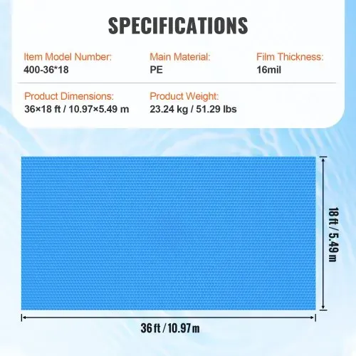 VEVOR Solar-Poolabdeckung 10,97 x 5,49 m rechteckige Solardecke für Pools Solarabdeckung für oberirdische Schwimmbecken 16 mil Solarabdeckungen blau – Bild 6