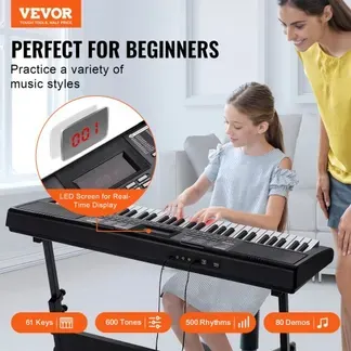 VEVOR 61-Tasten-Digitalklavier, beleuchtete Tasten, tragbares elektrisches Klavier mit verstellbarem Ständer, 600 Töne, 500 Rhythmen, integrierte Lautsprecher, Sustain-Pedal, Kopfhörer, Mikrofon, USB-MIDI für Anfänger VEVOR 61-Tasten-Digitalklavier, beleuchtete Tasten, tragbares elektrisches Klavier mit verstellbarem Ständer, 600 Töne, 500 Rhythmen, integrierte Lautsprecher, Sustain-Pedal, Kopfhörer, Mikrofon, USB-MIDI für Anfänger