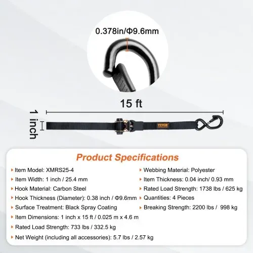VEVOR 4er-Set Spanngurt 0,025 x 4,6 m Zurrgurt 998 kg Ratschenzurrgurt Polyester-Gurt Kohlenstoffstahl-Haken Befestigungsgurt Ratschenspanngurt Ideal für Motorräder Fahrräder Kajaks UTV Boote ATV – Bild 6