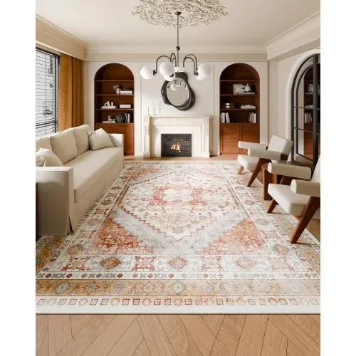 VEVOR Flächenteppich, 2743 x 3658 mm Kurzflor, waschbarer Teppich, rutschfester Wohnzimmerteppich, Vintage-Stil, Innenmatte für Schlafzimmer, Wohnzimmer, Kinderzimmer, Büro, Braunrot VEVOR Flächenteppich, 2743 x 3658 mm Kurzflor, waschbarer Teppich, rutschfester Wohnzimmerteppich, Vintage-Stil, Innenmatte für Schlafzimmer, Wohnzimmer, Kinderzimmer, Büro, Braunrot