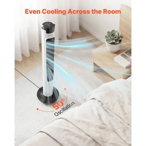VEVOR 50W Turmventilator, 985 mm Säulenventilator mit 3 Geschwindigkeiten 3 Modi 7,5h Timer Max. 4.2 m/s, 50° Oszillierender Ventilator mit Fernbedienung, Leiser Standventilator für Schlafzimmer, Weiß – Bild 4